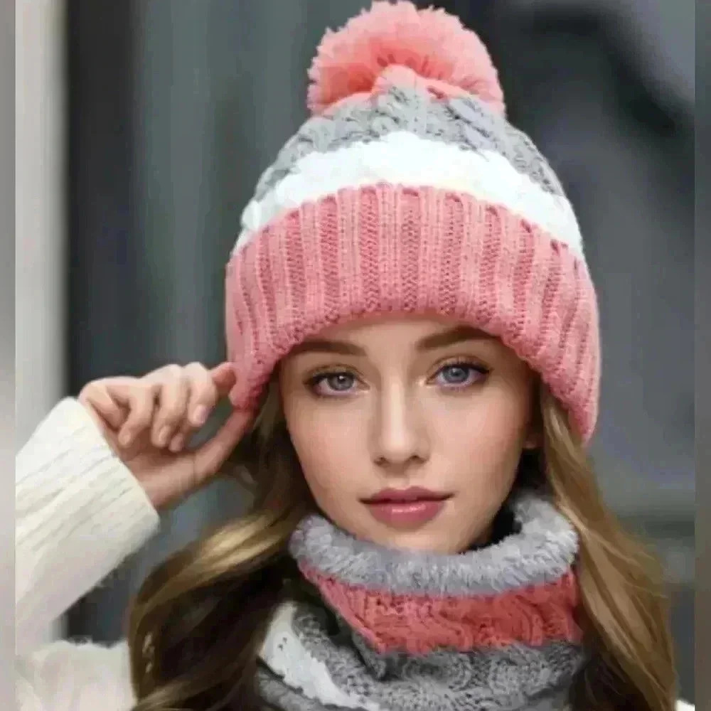 New Lady's Christmas Holiday Pink Gray White Warm Beanie Scarf Gift Set (#793)